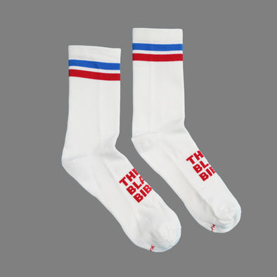 The Black Bibs Socks - White/Red & Blue Stripe